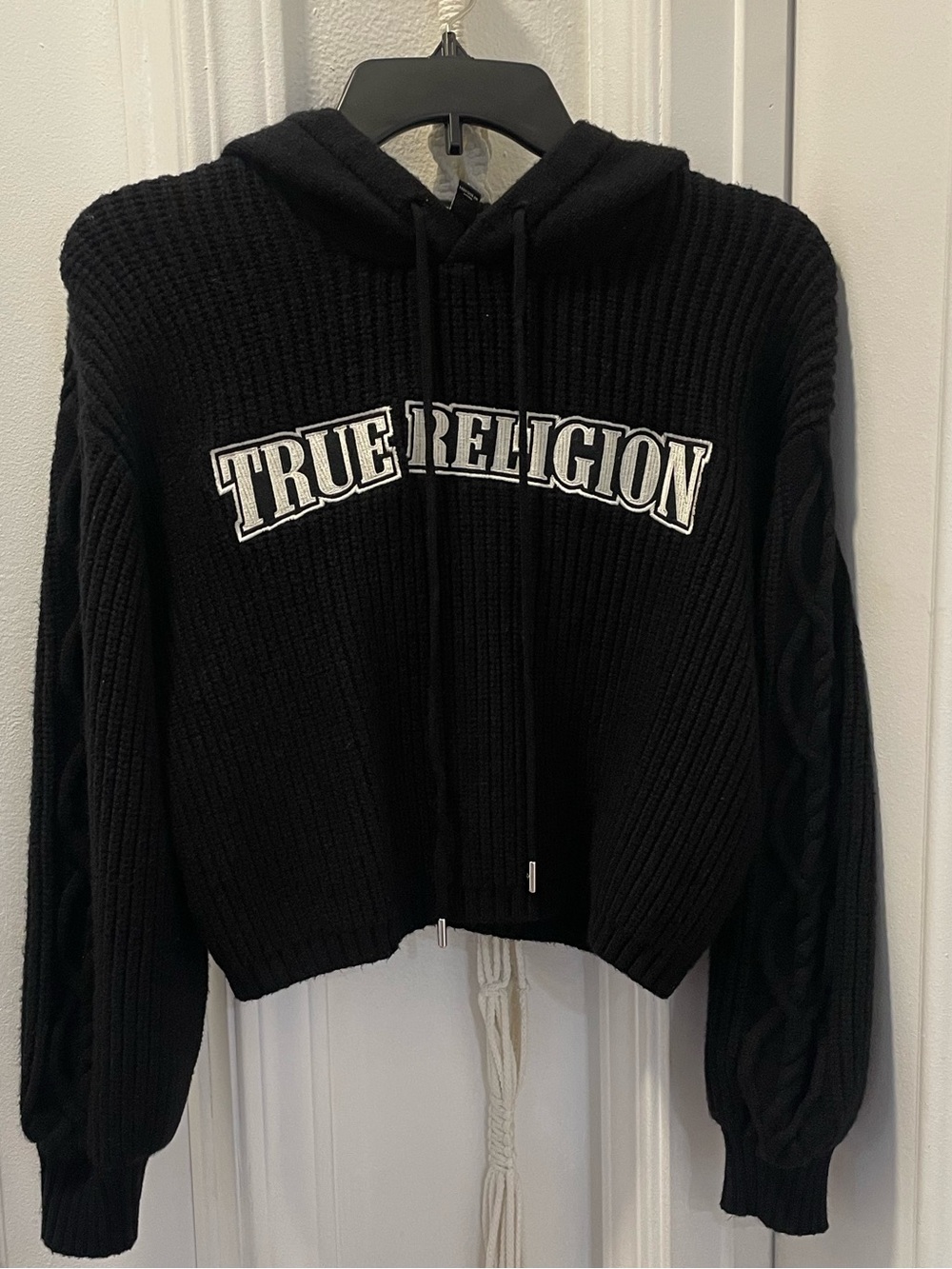 True Religion Black Cropped Cable-Knit Hoodie